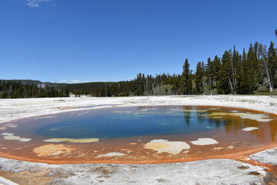 Beauty pool at yellowstone national park against blue sky during winter