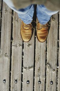 Low section of person standing on wooden plank