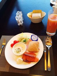 Close-up of food served on table