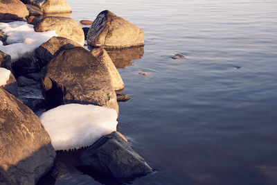 High angle view of rocks in lake during winter