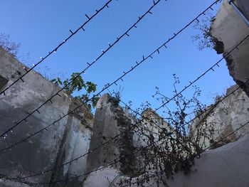 Low angle view of fence against clear sky