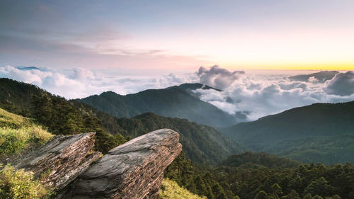 Scenic view of mountains against sky during sunset