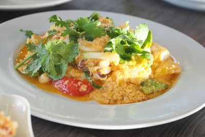 Close-up of served food in plate