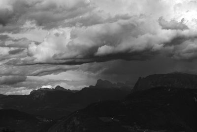 Scenic view of mountains against storm clouds