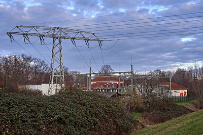 Plants growing on field by buildings against sky