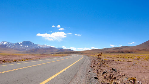 Road leading towards desert against blue sky