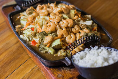 High angle view of food in bowl on table