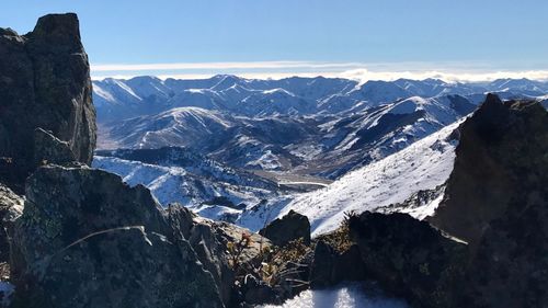 Scenic view of snowcapped mountains against sky