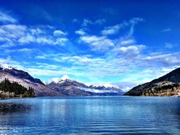 Scenic view of lake against cloudy sky