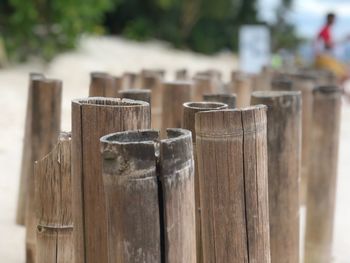 Close-up of wooden post on table