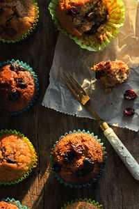 High angle view of cupcakes on table