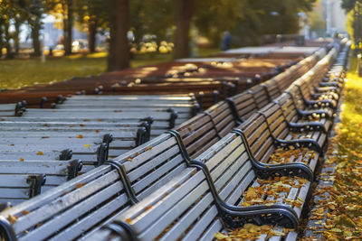 High angle view of empty bench in park