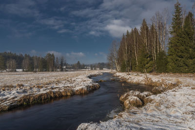 Scenic view of river against sky during winter