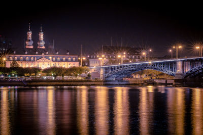 Illuminated bridge over river at night