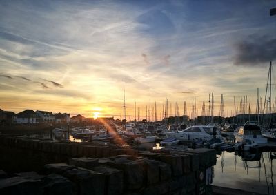 Panoramic view of harbor against sky during sunset