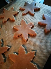 High angle view of cookies on table