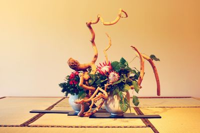 Close-up of potted plant on table against wall