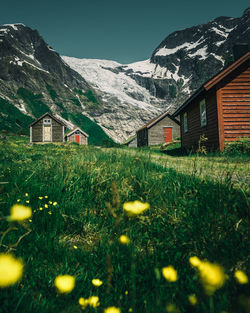 Scenic view of field by houses and mountains against sky