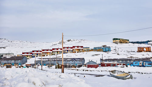 Boat and houses on snow against sky