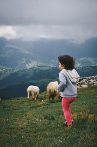 Rear view full length of girl standing by sheep on mountain