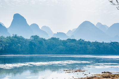Scenic view of lake and mountains against sky