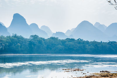 Scenic view of lake and mountains against sky