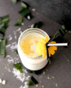 High angle view of drink on table