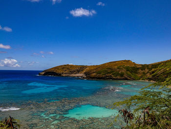 Scenic view of sea against blue sky