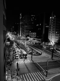 High angle view of traffic on city street at night