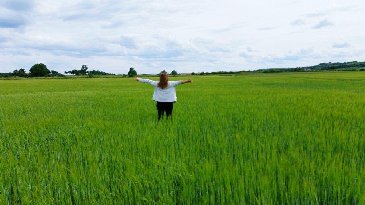 grass, field, lifestyles, rear view, leisure activity, tranquil scene, landscape, full length, tranquility, sky, standing, green color, nature, scenics, beauty in nature, casual clothing, grassy, growth