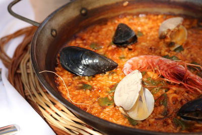 High angle view of seafood in cooking pan