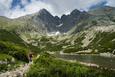 Rear view of person on lake against mountains