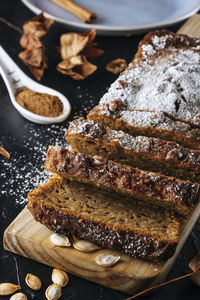 Vegan pumpkin sponge cake cut into slices