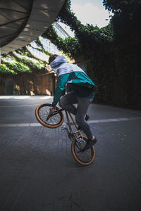 Man riding bicycle on street in city