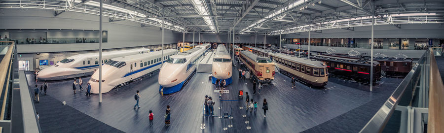 High angle view of illuminated trains