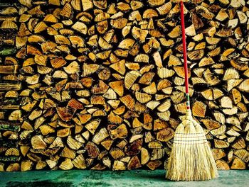 Broom against stacked logs