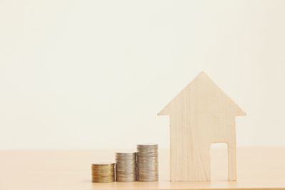 Stack of building against white background