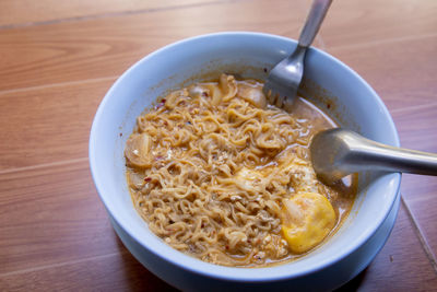 High angle view of pasta in bowl on table