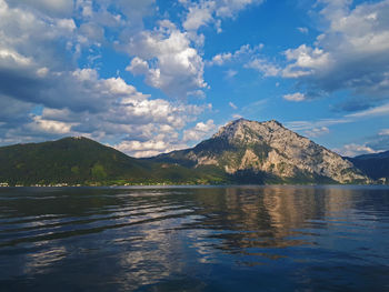 Scenic view of lake and mountains against sky