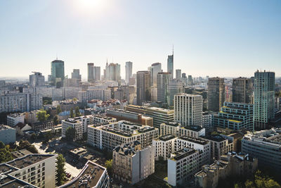 Aerial view of cityscape with skyscrapers, center of warsaw, poland