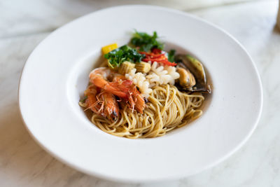 Close-up of noodles served in bowl