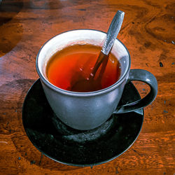 High angle view of tea served on table