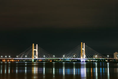 Illuminated suspension bridge at night