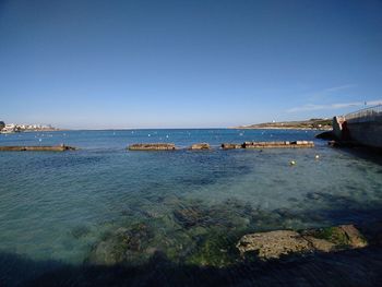 Scenic view of sea against clear blue sky