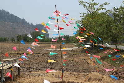 Multi colored flags hanging on field against sky