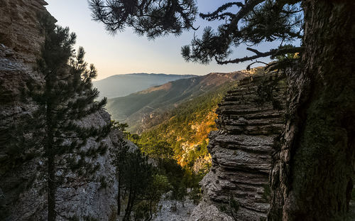 Scenic view of mountains against sky during sunset