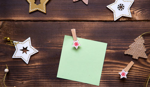 High angle view of christmas decorations on table