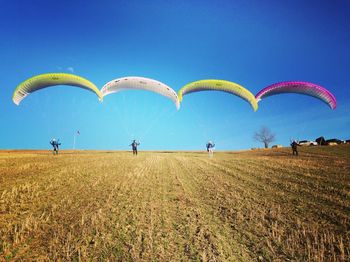 View of paragliders on field