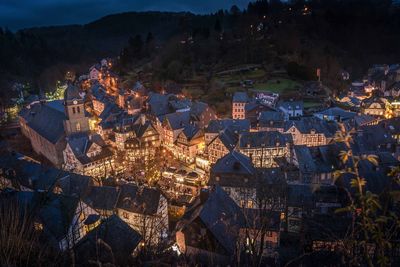 High angle view of townscape against sky at night