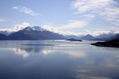 Scenic view of lake and mountains against sky